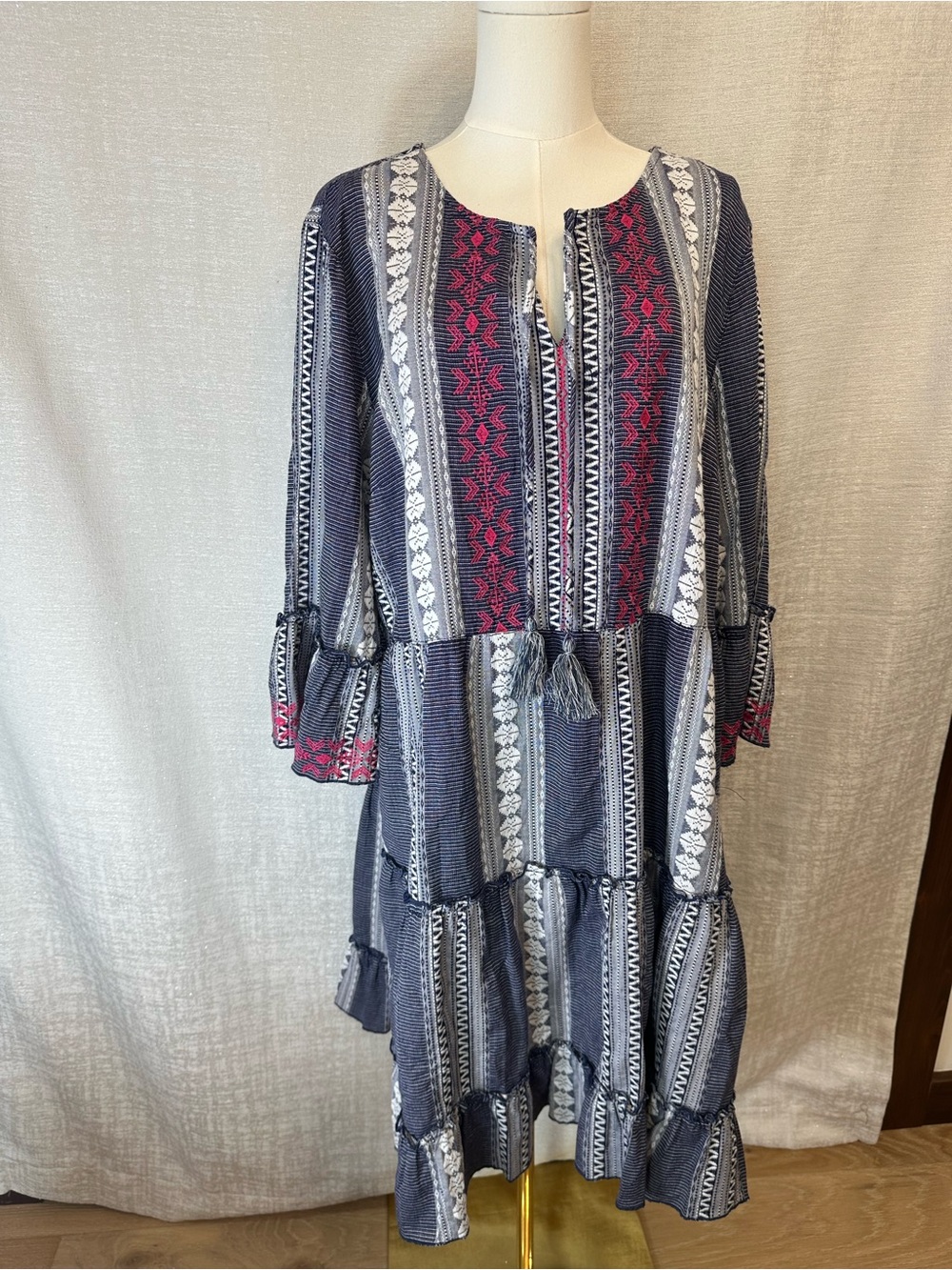 John Mark Boho Embroidered Navy with Pink & White Tiered Midi Dress